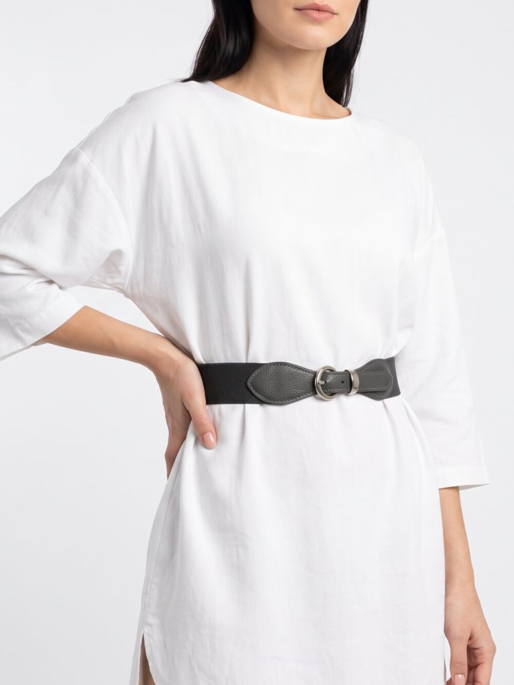 *Grey Elastic Waist Belt with Leather Accent & Silver Buckle